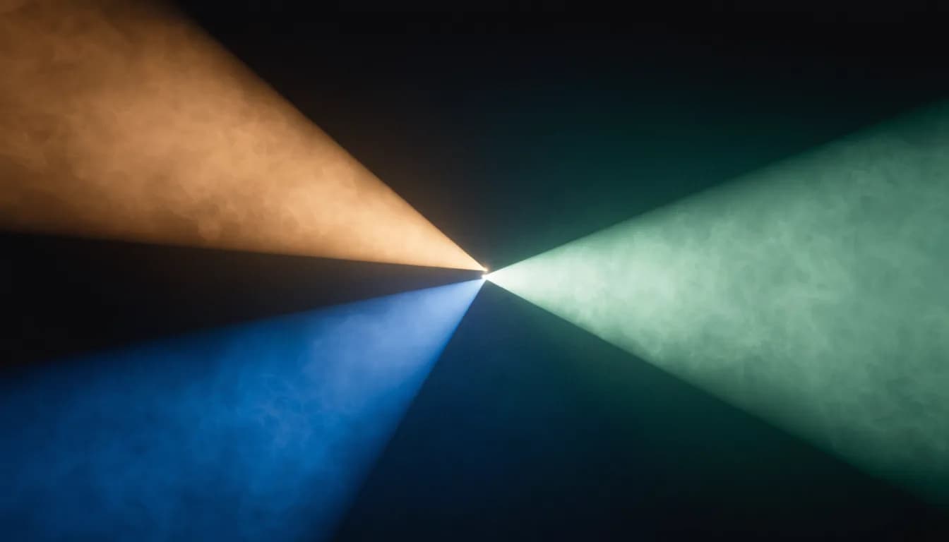 Three coloured beams of light converging on a single point